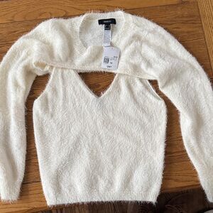Forever 21 White Fuzzy V-Neck Sweater tank and long sleeve shrug set